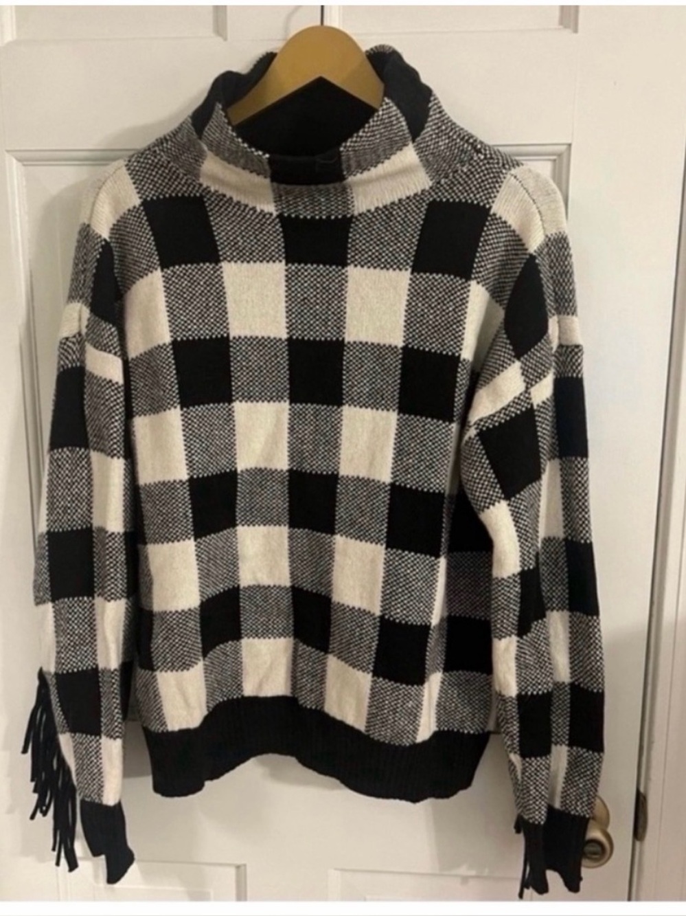 Lauren Ralph Lauren Buffalo Plaid Fringe Sleeve Sweater Size M Black White